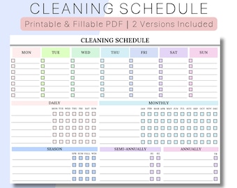May include: A printable cleaning schedule with checkboxes for daily, weekly, monthly, seasonal, semi-annual, and annual tasks. The schedule is divided into days of the week and months of the year.