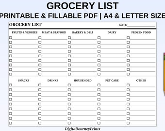 May include: A printable grocery list template in PDF format. The list is divided into categories such as fruits and veggies, meat and seafood, bakery and deli, dairy, frozen food, snacks, drinks, household, pet care, and other. There are checkboxes next to each category for users to mark off items as they are purchased.