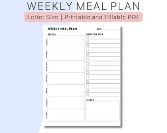 May include: A printable weekly meal planner with a grocery list and notes section. The planner has a black and white design with a simple layout.