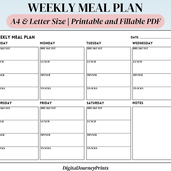 Editable Weekly Meal Planner, Food Journal, Meal Prep Planner, Meal Tracker, Food Diary, A4 Landscape/Letter, Instant Download