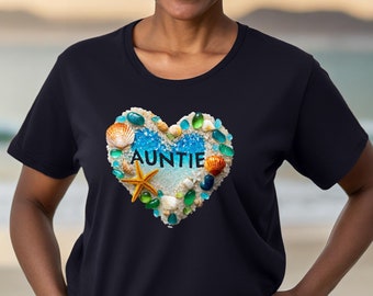 Auntie Ocean Breeze Beach Heart T-Shirt, Love Graphic Tee, Sand, Seaglass, Seashells, Starfish, Shells, Water, Shirt