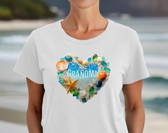 Grandma Ocean Breeze Beach Heart T-Shirt, Love Graphic Tee, Sand, Seaglass, Seashells, Starfish, Shells, Water, Shirt