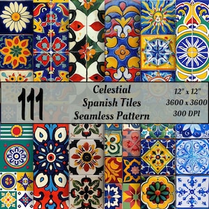 Puede incluir: Un patrón sin costuras de azulejos españoles coloridos con diseños geométricos. Los azulejos están dispuestos en un patrón de cuadrícula y presentan una variedad de colores, que incluyen azul, amarillo, rojo, verde y blanco. El patrón mide 30,48 cm por 30,48 cm y tiene una resolución de 3600 píxeles por 3600 píxeles a 300 DPI.
