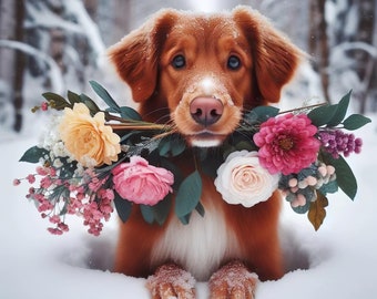 Red Retriever with Bouquet - Winter Dog Digital Art PNG, High Quality Pet Print, Animal Lover Downloadable Image