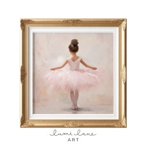 May include: A framed painting of a young ballerina wearing a pink tutu and standing on a stage. The background is a soft pink and the frame is gold.