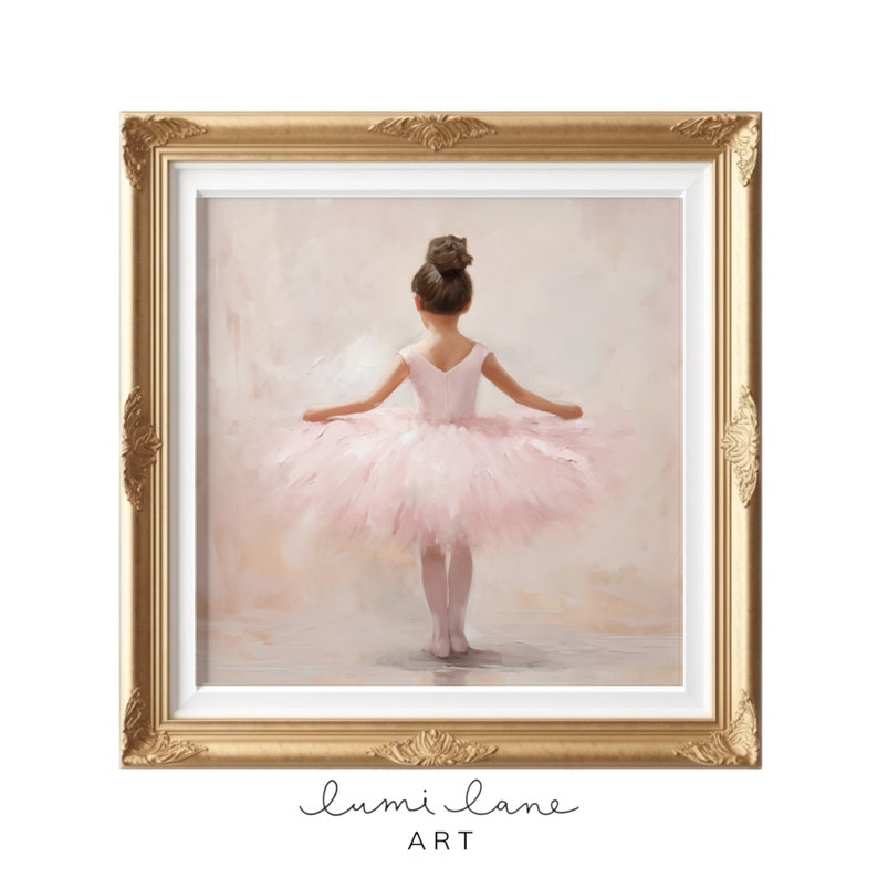 May include: A framed painting of a young ballerina wearing a pink tutu and standing on a stage. The background is a soft pink and the frame is gold.