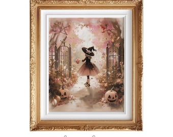 May include: A framed illustration of a young girl in a witch costume walking through a forest path with pumpkins on the ground. The background is a soft pink and brown with a gate in the distance. The text "lumi lane ART" is at the bottom of the image.