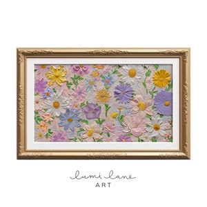 May include: A framed painting of a colorful floral arrangement. The painting features a variety of flowers in shades of pink, purple, yellow, and white. The flowers are painted in a textured style, giving the painting a three-dimensional effect.