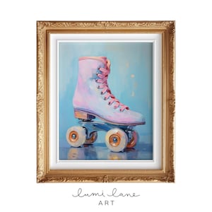 May include: A painting of a pink roller skate with white wheels on a blue background. The skate has pink laces and a white sole. The painting is framed in a gold frame.