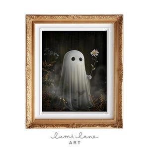 May include: A white ghost holding a single white daisy in a dark forest setting. The ghost is depicted in a vintage style painting framed in a gold frame.