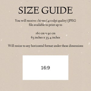 May include: Size guide for a digital print, showing the maximum printable size of 63 inches by 35.4 inches, or 160 cm by 90 cm. The guide also indicates that the print can be resized to any horizontal format under these dimensions.