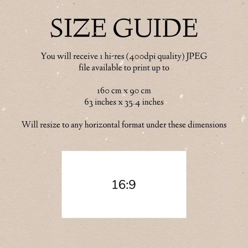 May include: Size guide for a digital print, showing the maximum printable size of 63 inches by 35.4 inches, or 160 cm by 90 cm. The guide also indicates that the print can be resized to any horizontal format under these dimensions.