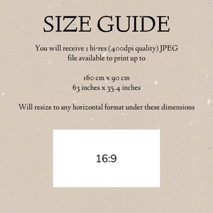 May include: Size guide for a digital print, showing the maximum printable size of 63 inches by 35.4 inches, or 160 cm by 90 cm. The guide also indicates that the print can be resized to any horizontal format under these dimensions.