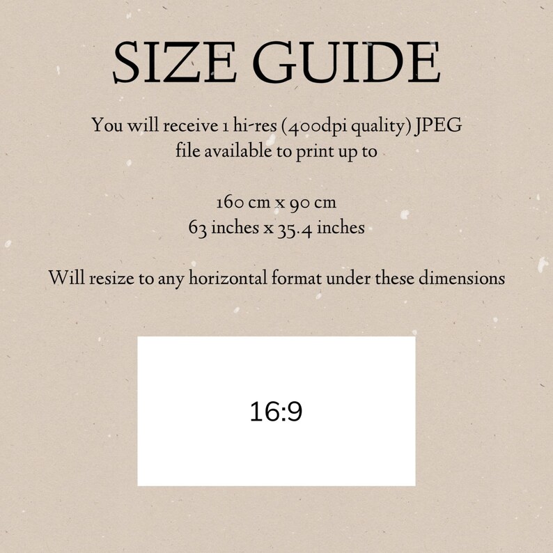 May include: Size guide for a digital print, showing the maximum printable size of 63 inches by 35.4 inches, or 160 cm by 90 cm. The guide also indicates that the print can be resized to any horizontal format under these dimensions.