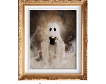 May include: A white ghost with a friendly face holds a steaming cup of coffee in a gold frame. The background is a dark brown with a hazy, ethereal effect.