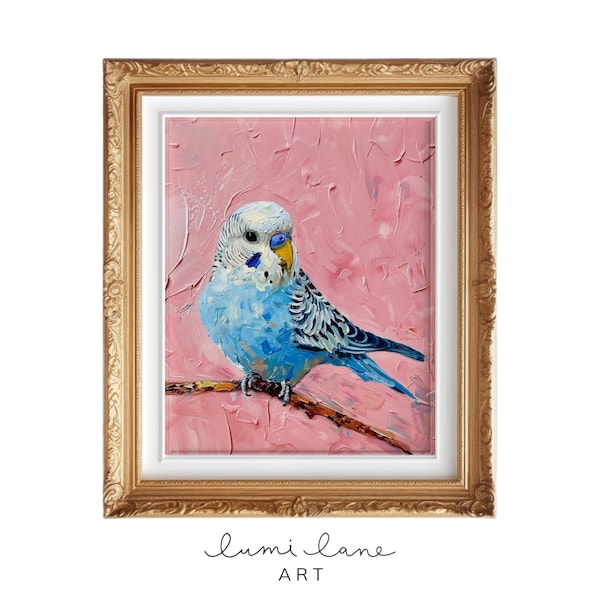 Wellensittich auf Stange Kunst - blauer Wellensittich, rosa Hintergrund, quadratische und vertikale Drucke, Ölgemälde, sofortiger Download, lustige Wandkunst.