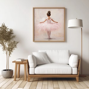 May include: A painting of a young ballerina wearing a pink tutu and standing on a light pink background.