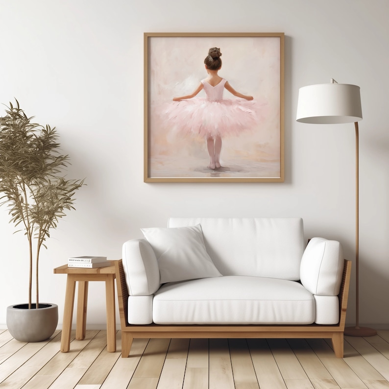 May include: A painting of a young ballerina wearing a pink tutu and standing on a light pink background.