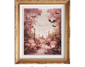 Pink Halloween Bats Art - PRINTABLE Art, Pretty, Fun Halloween Art, Cute Bats, Pumpkin, Fall Halloween, Textured Painting, Haunted House