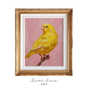May include: A yellow canary perched on a branch against a pink background. The bird is painted in a realistic style with visible brushstrokes. The painting is framed in a gold frame.