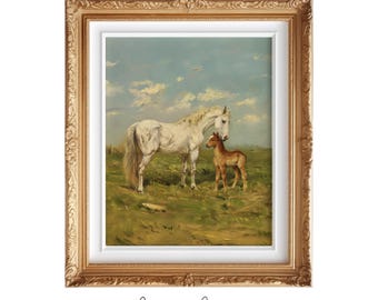 May include: A framed painting of a white horse and a brown foal standing in a field. The horse is looking at the foal, and the foal is looking at the viewer. The painting is set against a blue sky with white clouds.