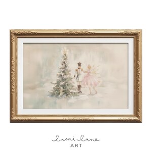 May include: A watercolor painting of a ballerina in a pink tutu dancing with a toy soldier in front of a decorated Christmas tree. The background is a soft, light blue.