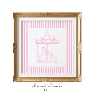 May include: A pink and white striped background with a pink silhouette of a carousel horse on a carousel. The image is framed in a gold frame.