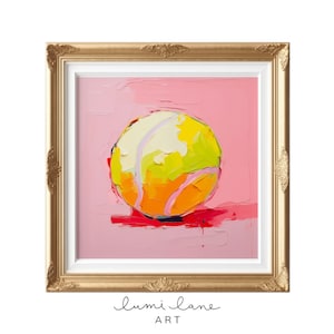 May include: A yellow tennis ball with white seams sits on a pink background. The ball is painted in a loose, impressionistic style, with visible brushstrokes. The background is a soft pink, with a hint of red at the bottom.