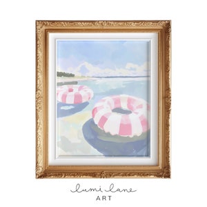 Striped Swim Ring Art - Instant Art, Pink White Inner Tube Blue Sky Painting, Coastal Wall Art, Beach House Print, Square Art, Pool Float