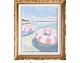 Striped Swim Ring Art - Instant Art, Pink White Inner Tube Blue Sky Painting, Coastal Wall Art, Beach House Print, Square Art, Pool Float