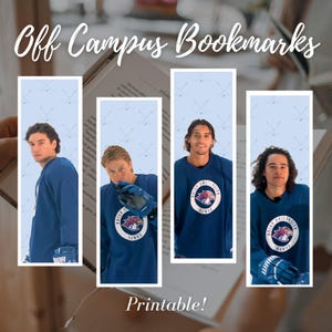 Könnte beinhalten: Vier vertikale rechteckige Lesezeichen mit der Aufschrift Off Campus Bookmarks und Printable. Jedes Lesezeichen hat einen hellblauen Hintergrund mit einem blassen Muster aus gekreuzten Hockeyschlägern und einem Foto eines Spielers im blauen Briar University Hawks Trikot.