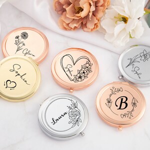 Miroir compact fantaisie personnalisé pour mariage, miroir de poche luxueux pour demoiselle d'honneur, fleur de naissance personnalisée pour elle image 2