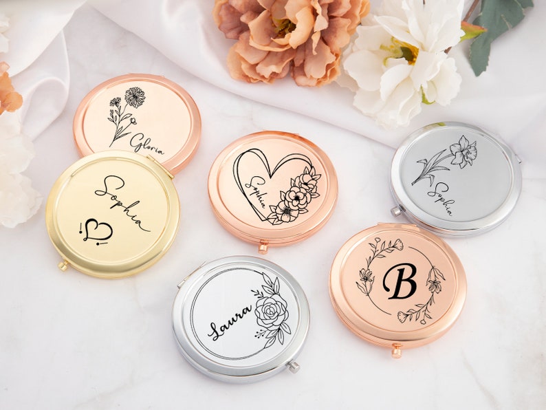 Miroir compact fantaisie personnalisé pour mariage, miroir de poche luxueux pour demoiselle d'honneur, fleur de naissance personnalisée pour elle image 2