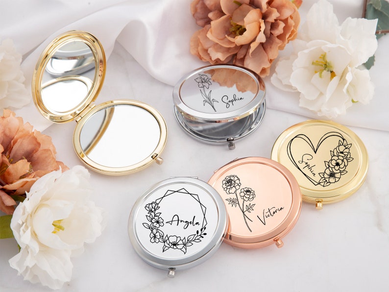 Miroir compact fantaisie personnalisé pour mariage, miroir de poche luxueux pour demoiselle d'honneur, fleur de naissance personnalisée pour elle image 1