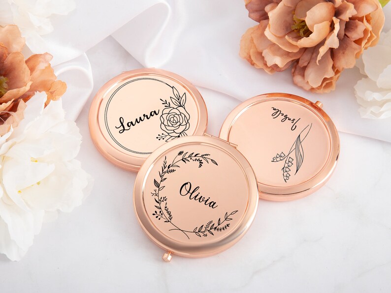 Miroir compact fantaisie personnalisé pour mariage, miroir de poche luxueux pour demoiselle d'honneur, fleur de naissance personnalisée pour elle image 4