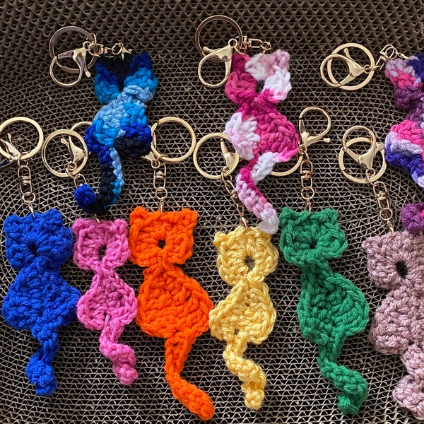 Handmade cat keychains, lobster claw clasp.  Crochet key rings, all colors. Backpack/handbag tag, cat lover keychain, applique for shirts