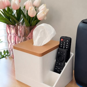 May include: A white rectangular tissue box holder with a tan lid and vertical ribbed texture on the sides. The unit features an integrated storage compartment on the right side, currently holding two black remote controls with visible buttons.
