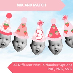 Puede incluir: Sombreros de fiesta rosas y blancos con dise&ntilde;os de fresas y el n&uacute;mero 3. La imagen incluye el texto "MIX AND MATCH" y "24 Different Hats, 5 Number Options PDF, PNG, SVG".