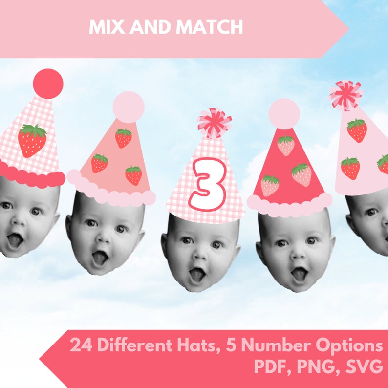 Puede incluir: Sombreros de fiesta rosas y blancos con dise&ntilde;os de fresas y el n&uacute;mero 3. La imagen incluye el texto "MIX AND MATCH" y "24 Different Hats, 5 Number Options PDF, PNG, SVG".