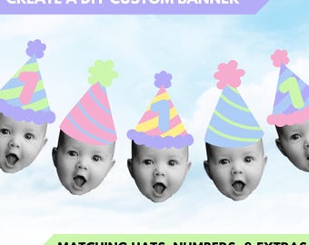 Kids Birthday Party Hat Banner | Instant Download Banner | Kids Birthday Photo Banner Download | DIY Party Hat Banner | Pastel Party Banner