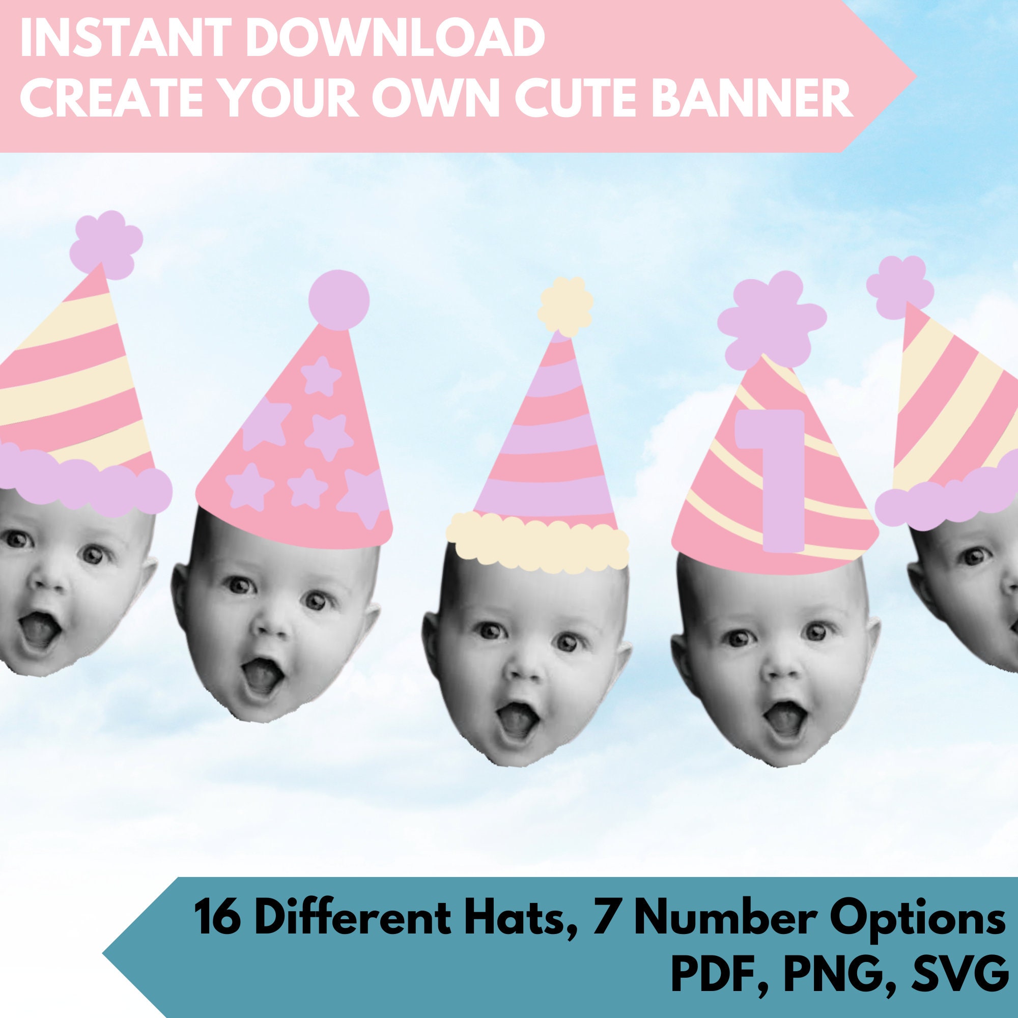 Kids Birthday Party Hat Banner | Instant Download Banner | Kids Birthday Photo Banner Download | DIY Party Banner