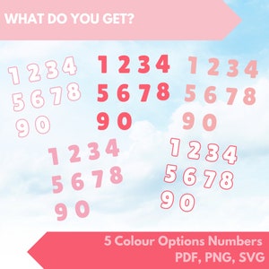 Puede incluir: Imagen con el texto "WHAT DO YOU GET?" y varios conjuntos de n&uacute;meros en tonos rosas y rojos. La imagen tambi&eacute;n incluye el texto "5 Colour Options Numbers PDF, PNG, SVG". Los n&uacute;meros est&aacute;n en diferentes fuentes.