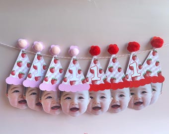 Custom Berry 1st Birthday Photo Banner | Party Hats