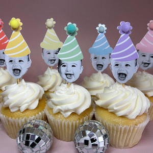 Personalized Photo Cupcake Toppers | Pastel Party Hats