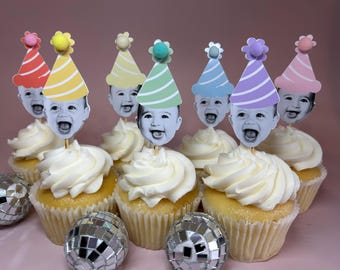Personalized Photo Cupcake Toppers | Pastel Party Hats