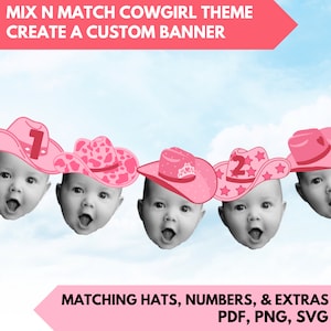 Banner fotografico con cappello da cowboy / Banner fotografico per bambini con cowgirl / Banner rosa con cowgirl / Banner con download immediato / Banner per feste fai da te / Banner rosa da discoteca