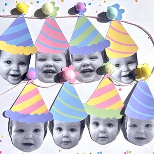 Custom Photo Party Hat Banner | Pastel Colors, Pom Poms