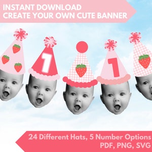 Puede incluir: Sombreros de fiesta de cumplea&ntilde;os rosas y rojos con dise&ntilde;os de fresas y el n&uacute;mero uno. El texto "INSTANT DOWNLOAD CREATE YOUR OWN CUTE BANNER" tambi&eacute;n est&aacute; presente. La imagen tambi&eacute;n incluye el texto "24 Different Hats, 5 Number Options PDF, PNG, SVG".