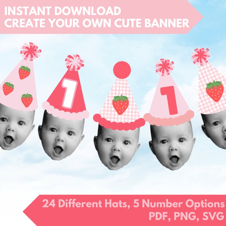 Puede incluir: Sombreros de fiesta de cumplea&ntilde;os rosas y rojos con dise&ntilde;os de fresas y el n&uacute;mero uno. El texto "INSTANT DOWNLOAD CREATE YOUR OWN CUTE BANNER" tambi&eacute;n est&aacute; presente. La imagen tambi&eacute;n incluye el texto "24 Different Hats, 5 Number Options PDF, PNG, SVG".