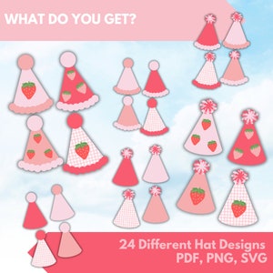 Puede incluir: Una colecci&oacute;n de 24 dise&ntilde;os diferentes de sombreros de fiesta en tonos rosas y rojos. Algunos sombreros presentan gr&aacute;ficos de fresas, patrones de cuadros y pompones decorativos. El texto dice "WHAT DO YOU GET?" y "24 Different Hat Designs PDF, PNG, SVG."